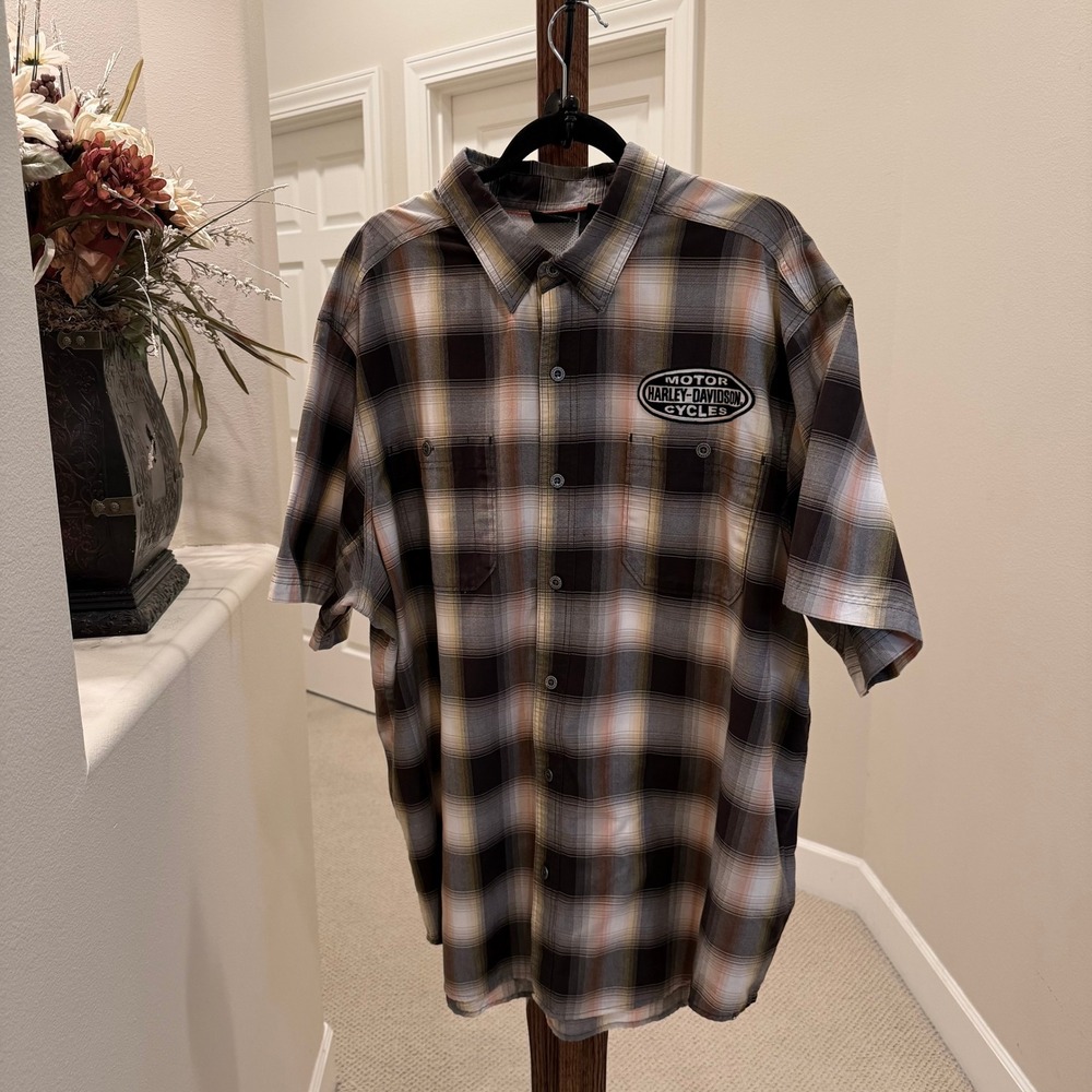Harley-Davidson Mens 2XL Plaid Short Sleeve Button Down Shirt #1 HD Motors Brown